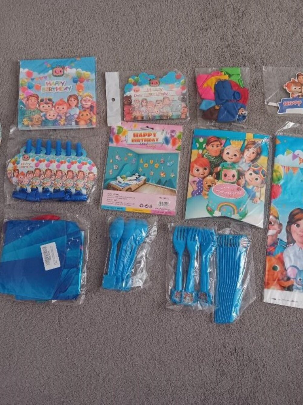 Complete Cocomelon Birthday Pack for 10 People Utensils Plates napkins Balloons